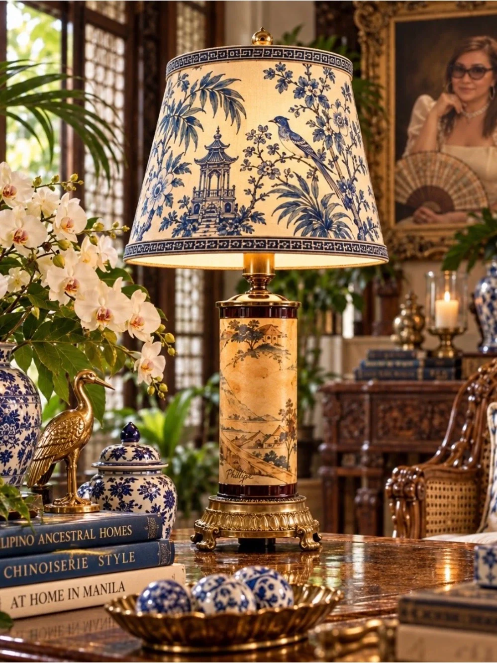 Title: Vintage Phillipe Pastoral Scene Cylinder Table Lamp Gold Tone